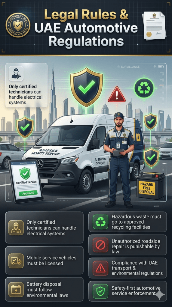 Automotive legal compliance infographic showing UAE regulations for car battery replacement in Al Butina including certified technicians, licensed service vehicles, proper battery disposal, and environmental safety rules.