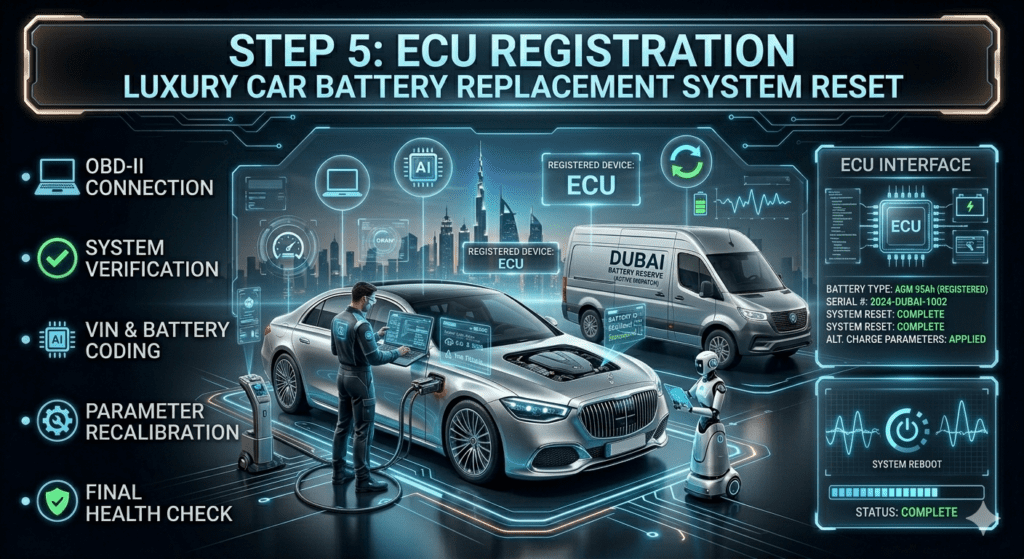 Futuristic automotive ECU registration infographic showing luxury car connected to diagnostic laptop with digital ECU coding interface, highlighting battery coding, voltage adaptation, and system recalibration in a high-tech Dubai workshop environment.