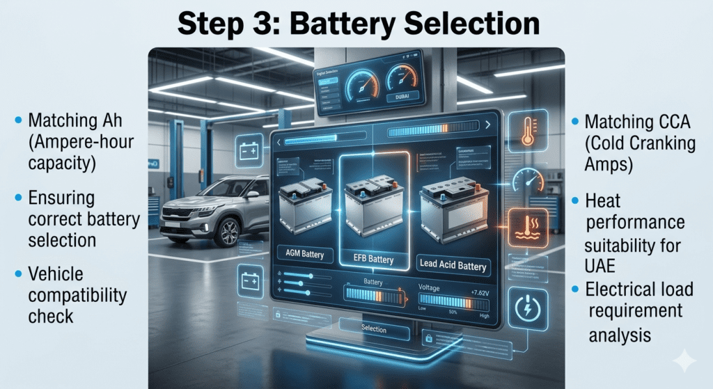 Step 3: Battery Selection – Matching Ah & CCA for Kia Seltos UAE Guide Kia Seltos battery selection process showing matching Ah capacity and CCA rating comparison for proper battery choice in UAE conditions.