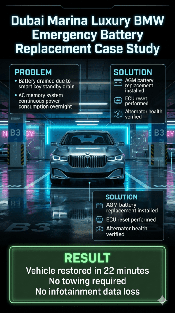 Luxury BMW 7 Series undergoing emergency battery replacement in Dubai Marina underground parking with diagnostic infographic showing problem, solution, and result.