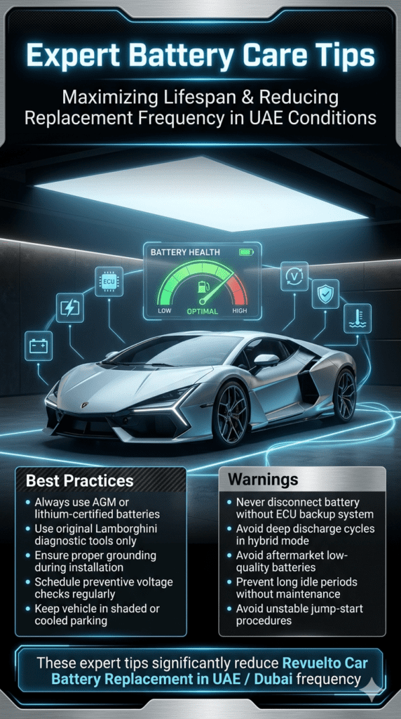 Futuristic infographic showing a supercar in a Dubai garage with expert battery maintenance tips displayed around it including AGM use, ECU backup safety, and preventive checks.