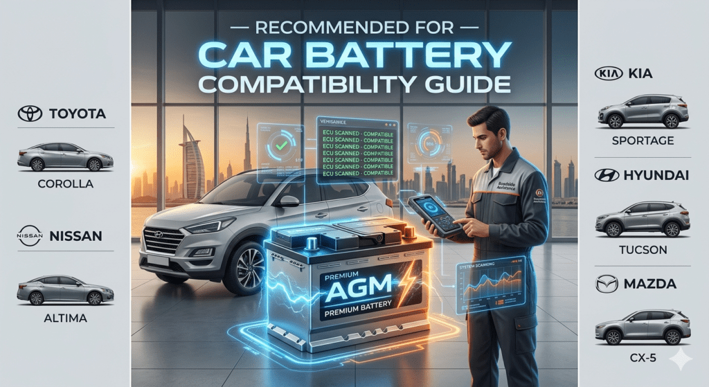 Car battery compatibility infographic showing recommended vehicles including Toyota, Nissan, Kia, Hyundai, and Mazda with premium AGM battery and diagnostic visuals.