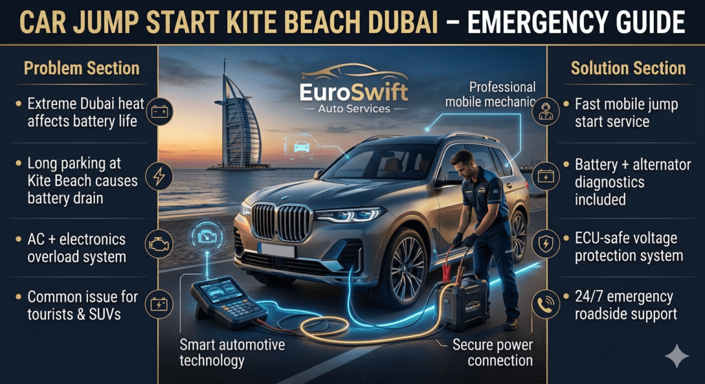 Luxury car jump start emergency at Kite Beach Dubai showing mobile mechanic using advanced booster equipment with diagnostic scan and roadside assistance service in action.