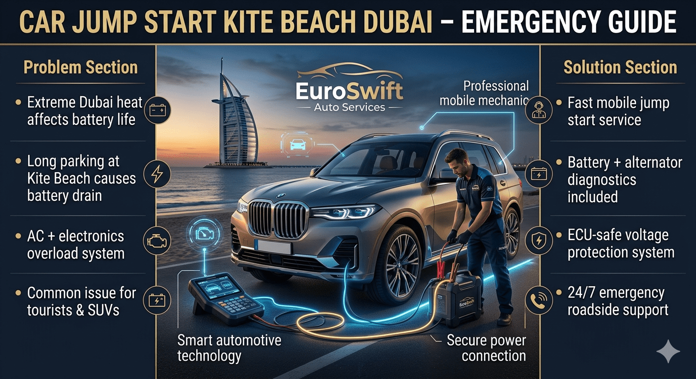 Luxury car jump start emergency at Kite Beach Dubai showing mobile mechanic using advanced booster equipment with diagnostic scan and roadside assistance service in action.