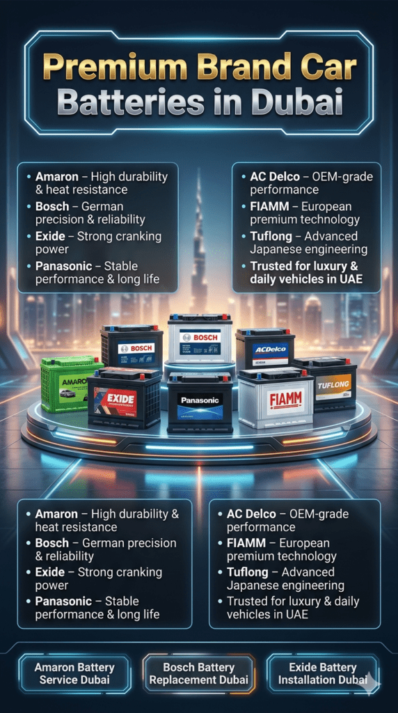 Luxury infographic showing premium car battery brands in Dubai including Amaron, Bosch, Exide, Panasonic, AC Delco, FIAMM, and Tuflong displayed in a futuristic automotive showroom style.