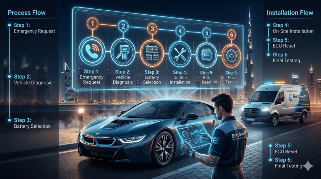 Fast Mobile Car Battery Replacement Process Dubai – 6 Step Service Workflow Step-by-step process of Fastest Premium & Genuine Car Battery Fix Near Me Dubai showing emergency request, diagnosis, installation, ECU reset, and final testing on luxury vehicle.