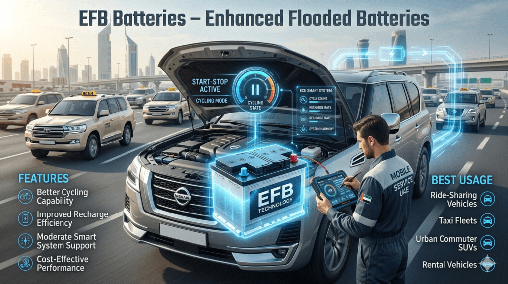 EFB Batteries Enhanced Flooded Battery Technology UAE Vehicles EFB enhanced flooded car battery in UAE urban SUV showing start-stop system support, charging efficiency, and fleet usage benefits with diagnostic graphics.