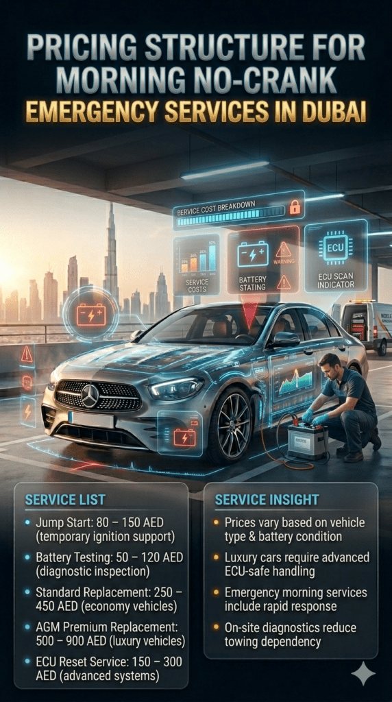 Car battery emergency pricing structure in Dubai showing jump start, battery replacement, and ECU reset service costs for morning no-crank situations.