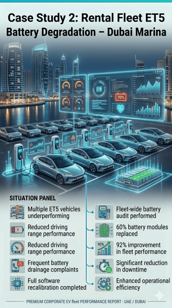 Infographic showing ET5 rental fleet battery degradation in Dubai Marina with multiple electric vehicles, battery performance issues, fleet audit, module replacement, and performance improvement analytics.