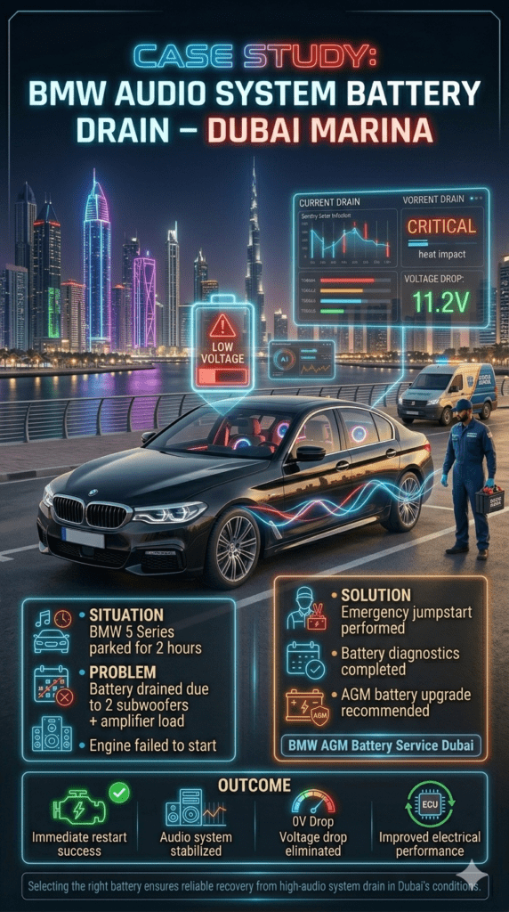 Case Study: BMW Audio System Battery Drain in Dubai Marina – Emergency Jumpstart & AGM Upgrade BMW 5 Series audio system battery drain case study in Dubai Marina showing emergency jumpstart service, subwoofer power overload, and successful restart outcome.