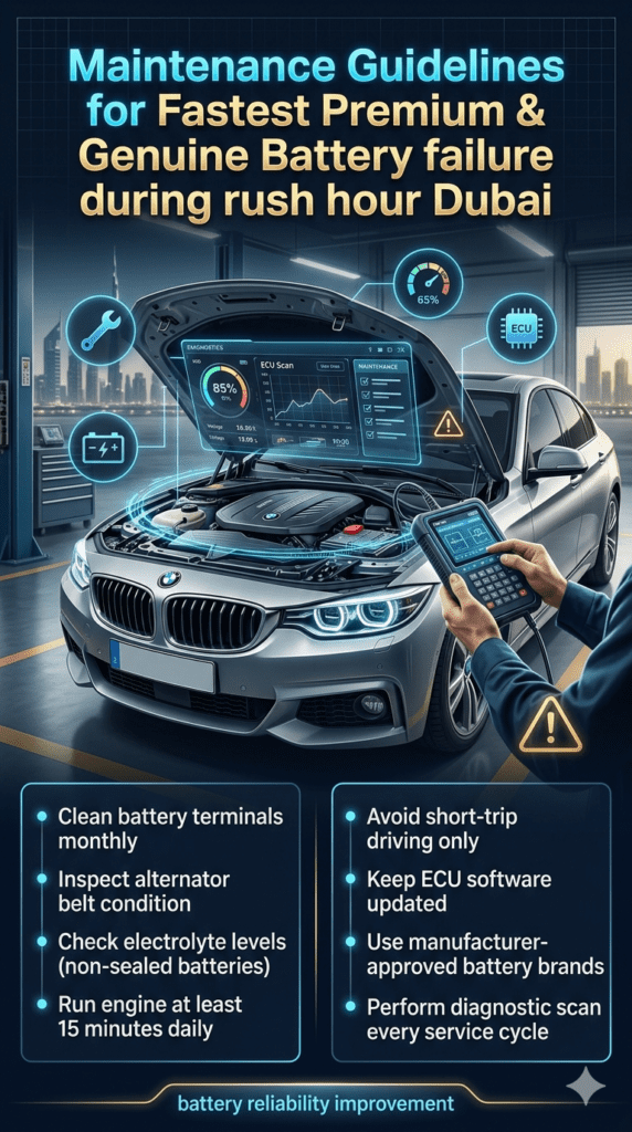 Luxury car battery maintenance infographic in Dubai showing terminal cleaning, ECU updates, alternator inspection, and diagnostic scanning guidelines for preventing rush hour battery failures.