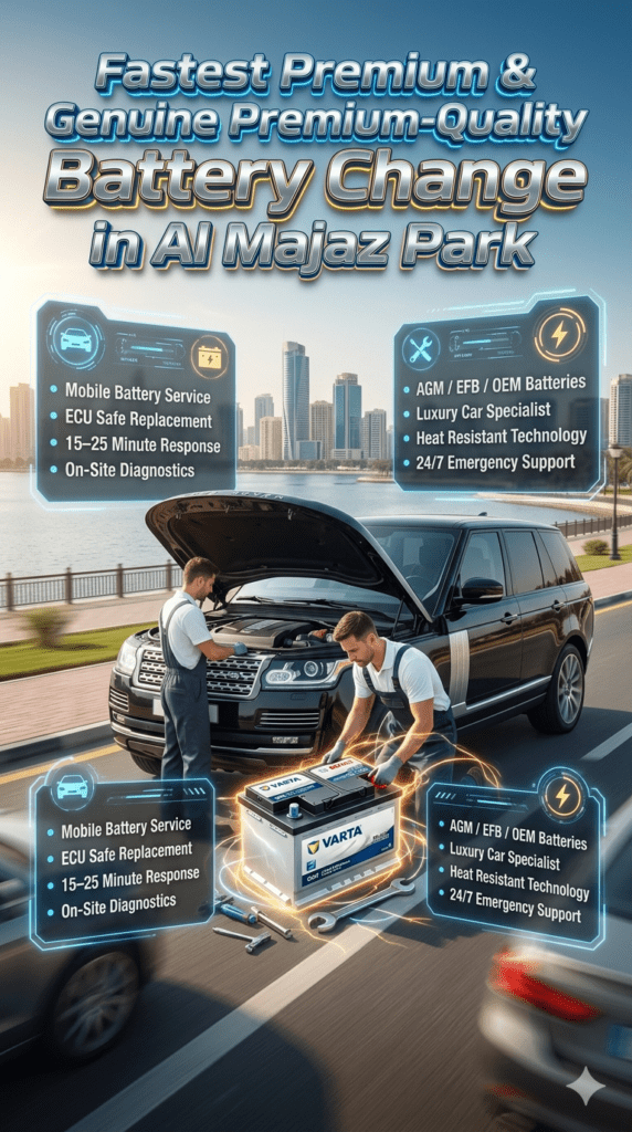 Premium mobile car battery replacement service in Al Majaz Park Sharjah showing luxury car battery installation, UAE heat environment, and roadside emergency assistance concept.