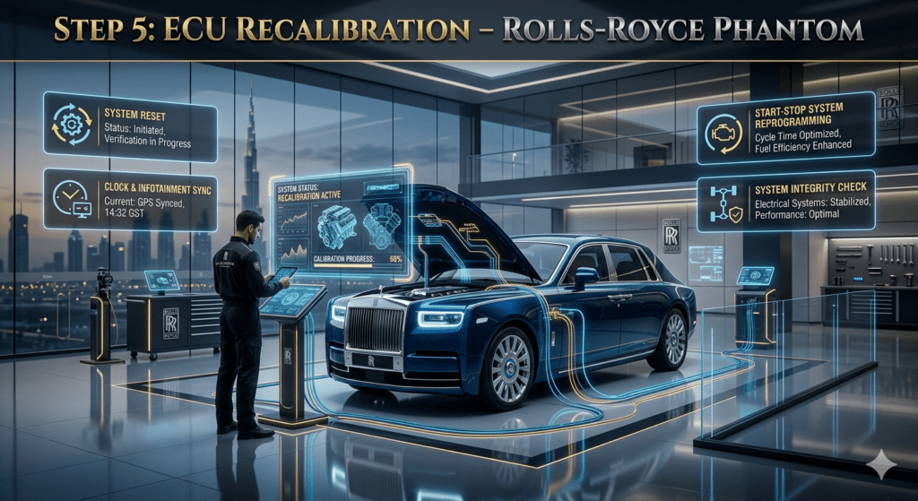 Luxury infographic showing Rolls-Royce Phantom ECU recalibration process with system reset, infotainment sync, and start-stop programming in a Dubai workshop.