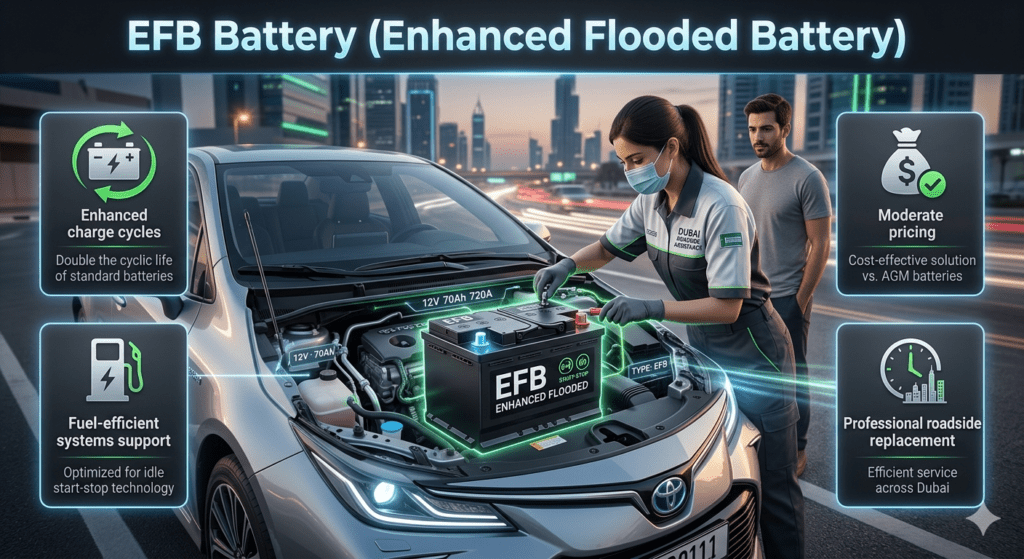 EFB Battery (Enhanced Flooded Battery) β Efficient Mid-Range Vehicle Solution Dubai Mid-range vehicle EFB battery replacement at roadside Dubai showing enhanced charge cycles, moderate pricing, and fuel-efficient system support.