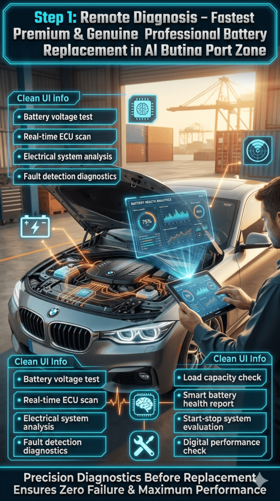 Luxury car battery remote diagnosis in Al Butina Port Zone showing technician using digital scanner with ECU scan, voltage test, and load capacity check displayed in futuristic UI panels.