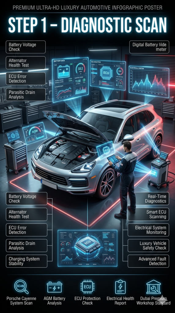Luxury Porsche Cayenne diagnostic scan infographic showing battery voltage check, alternator health, ECU errors, parasitic drain analysis, and charging system stability testing.