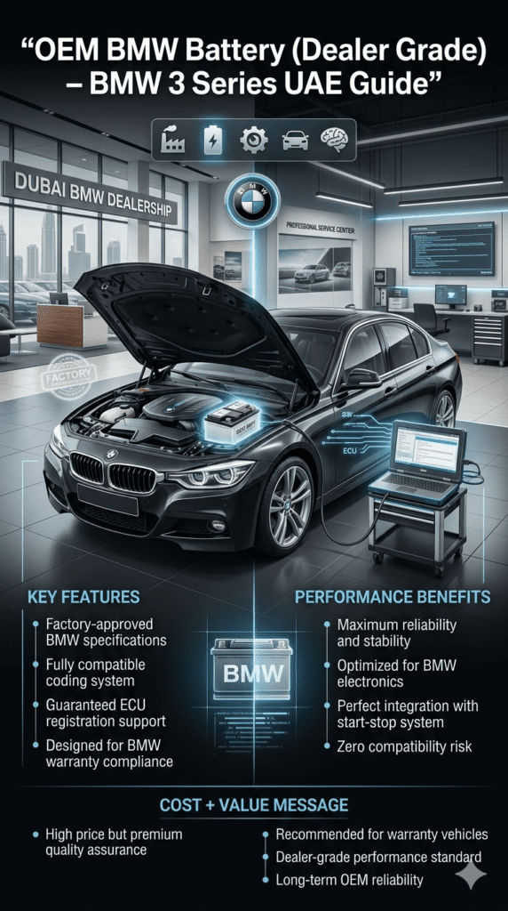 Infographic showing BMW 3 Series sedan in dealership setting with OEM factory battery highlighted, emphasizing coding compatibility, factory-approved specifications, warranty suitability, and maximum reliability in UAE conditions.