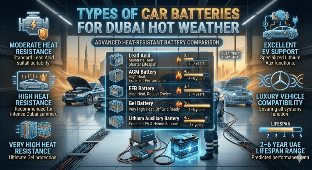Car battery comparison infographic showing Lead Acid, AGM, EFB, Gel, and Lithium batteries for Dubai hot weather with heat resistance levels and UAE lifespan for luxury and EV vehicles.