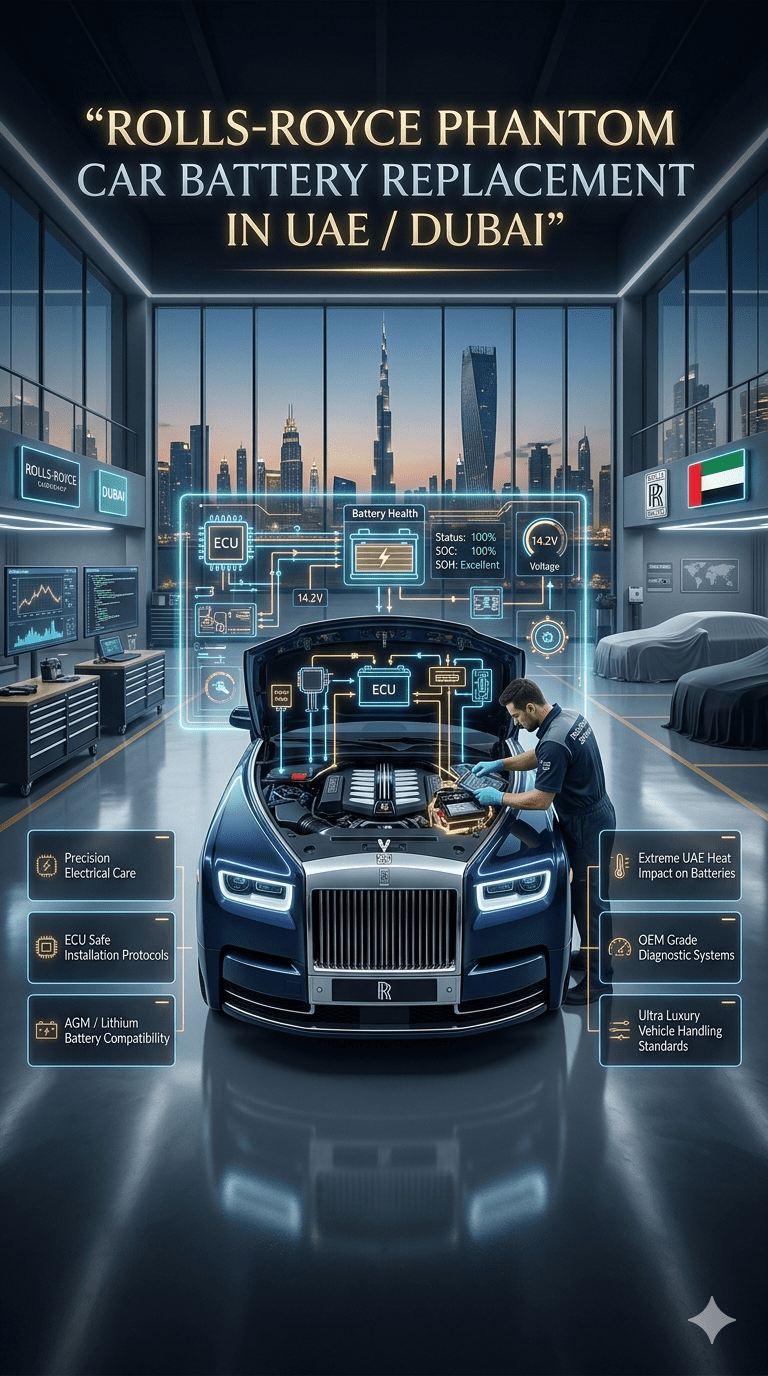 Luxury infographic showing Rolls-Royce Phantom undergoing battery replacement in a high-end Dubai workshop with ECU diagnostics and advanced automotive service systems.