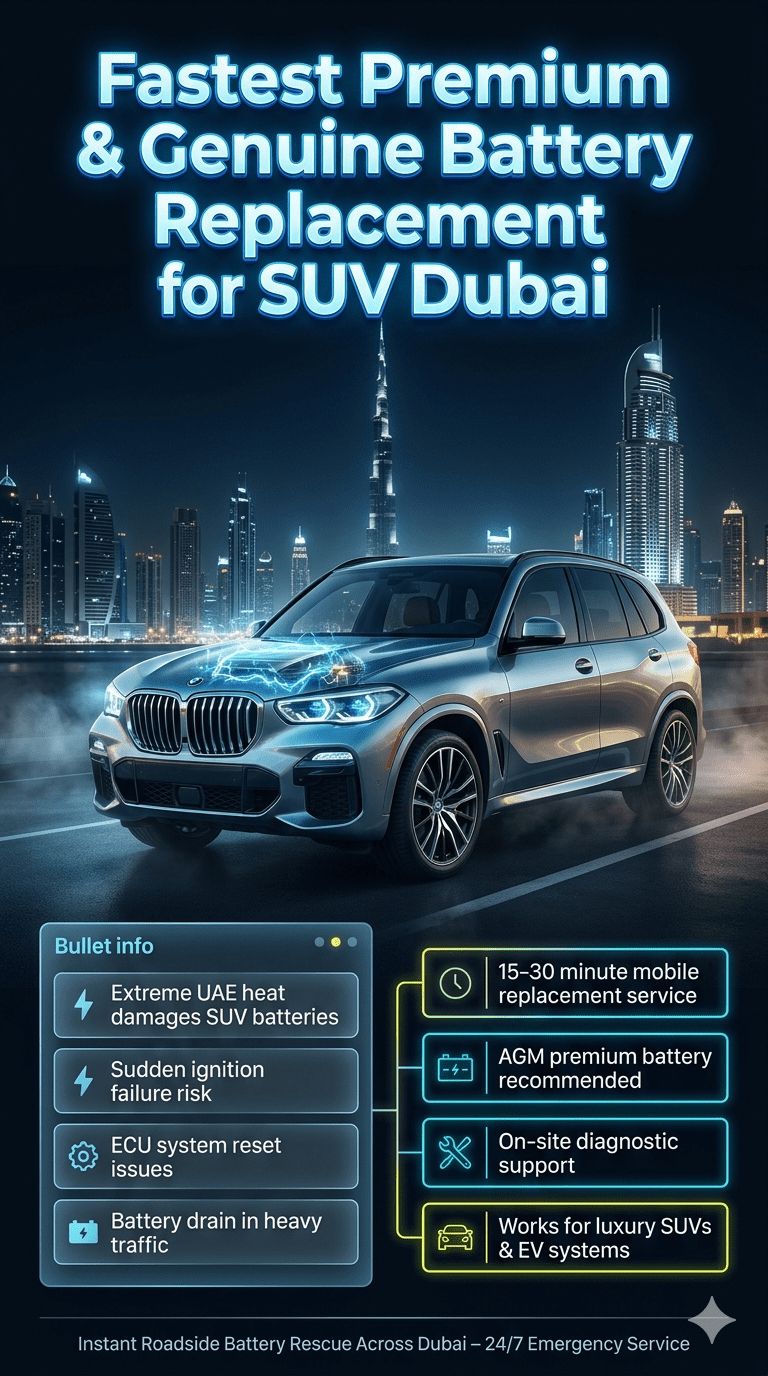 Luxury SUV battery replacement infographic showing emergency roadside battery service in Dubai with futuristic UI panels, heat warning details, and fast mobile assistance information.