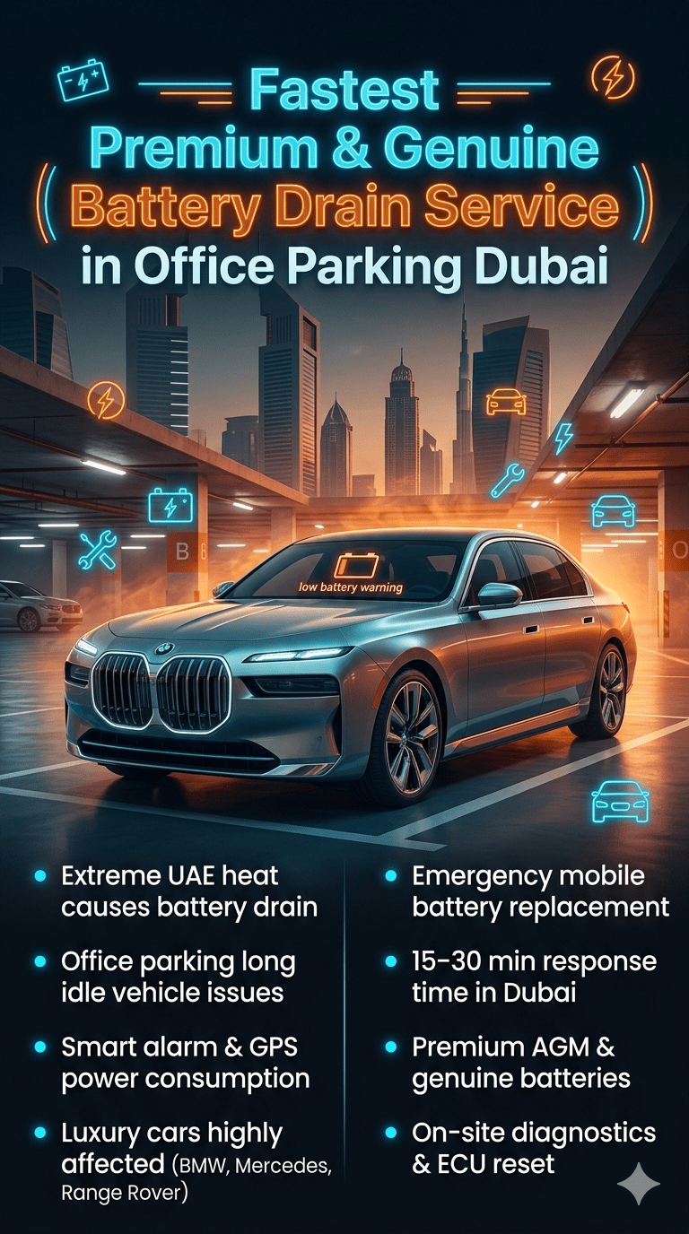 Premium infographic showing fast car battery replacement service in Dubai office parking with luxury car, emergency battery warning, and mobile technician service highlights.