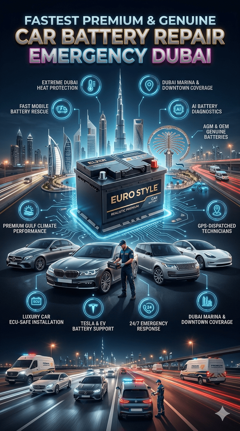 Premium Dubai emergency car battery repair infographic showing luxury battery replacement service with AI diagnostics, mobile technicians, BMW, Mercedes, Range Rover, Tesla support, and futuristic Dubai automotive environment.