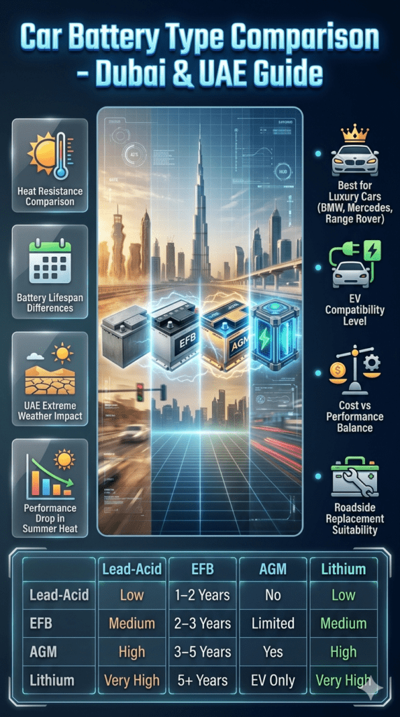 Car Battery Type Comparison in Dubai – Heat Resistance, Lifespan & Luxury Car Guide Futuristic infographic showing car battery types comparison in Dubai including Lead-Acid, EFB, AGM, and Lithium with performance, lifespan, heat resistance, and luxury car suitability details.