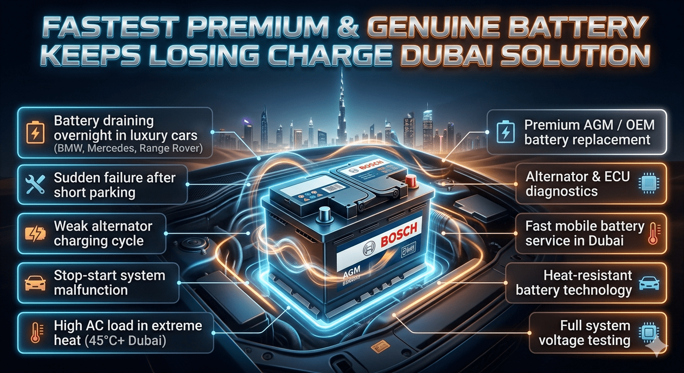 Luxury automotive infographic showing “Fastest Premium & Genuine Battery Keeps Losing Charge Dubai Solution” with central glowing car battery, Dubai skyline background, and side panels listing battery drain problems and diagnostic solutions.