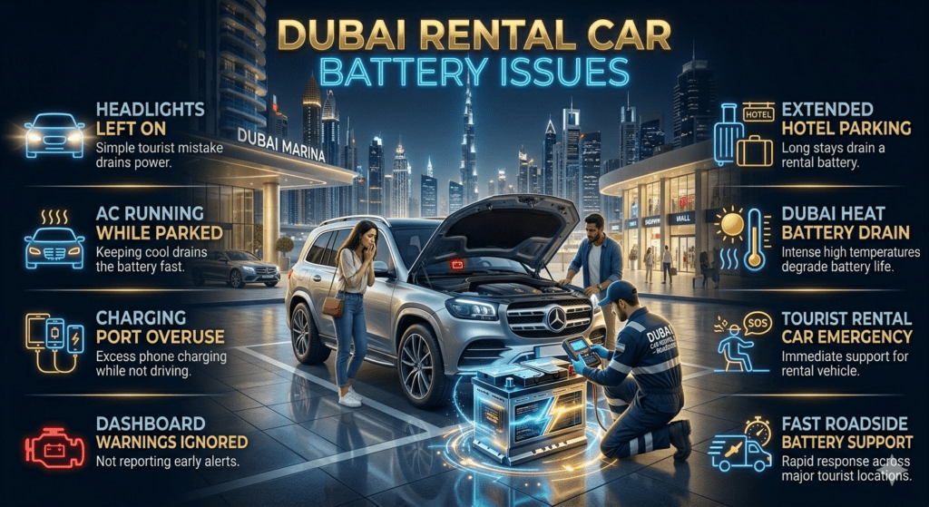 Luxury rental car with dead battery at Dubai hotel parking, tourist roadside battery emergency, premium automotive infographic showing AC drain, headlights left on, charging port overuse, and dashboard warning alerts.
