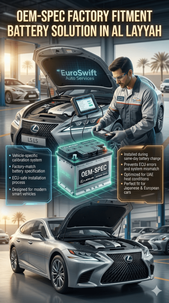 OEM-spec factory fitment car battery installation in UAE showing technician using diagnostic tools for ECU-safe vehicle-specific battery calibration during same-day replacement service.