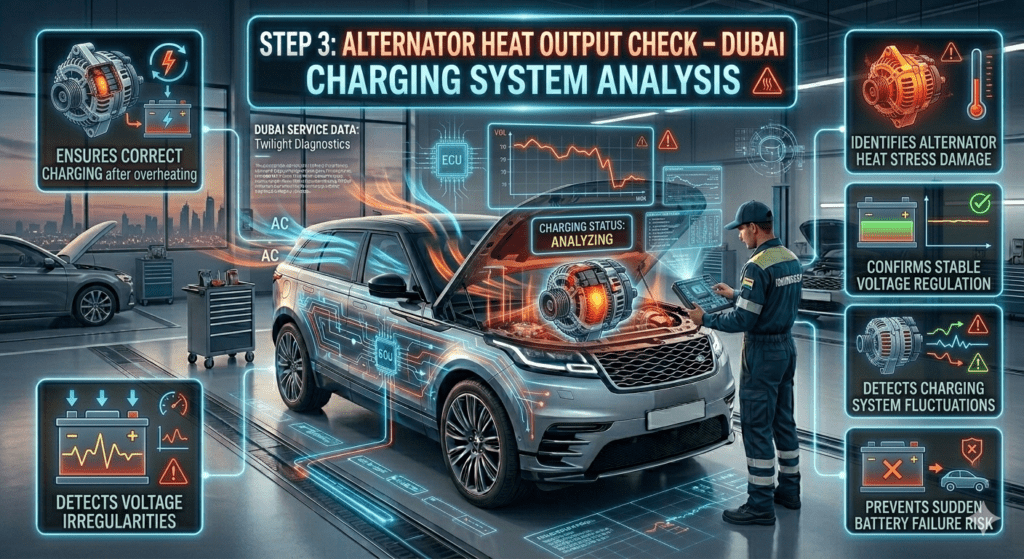 Luxury automotive infographic showing alternator heat output check in Dubai workshop, with premium car engine running, thermal scan of alternator, AI voltage analysis overlay, and mechanic performing charging system diagnostics.