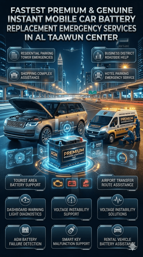 Fastest Premium & Genuine Instant Mobile Car Battery Replacement Emergency Services in Al Taawun Center Premium roadside emergency automotive infographic showing instant mobile car battery replacement service in Al Taawun Center with luxury vehicles, battery diagnostics, roadside assistance van, dashboard warning alerts, AGM battery failure visuals, airport and hotel parking emergency scenes, and animated service information around a premium branded battery.