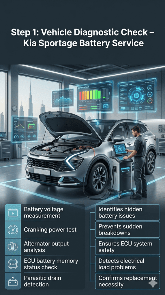 Kia Sportage battery diagnostic process infographic showing technician performing vehicle inspection with digital scanner, left side listing voltage and alternator tests, right side explaining diagnostic importance in UAE workshop environment.