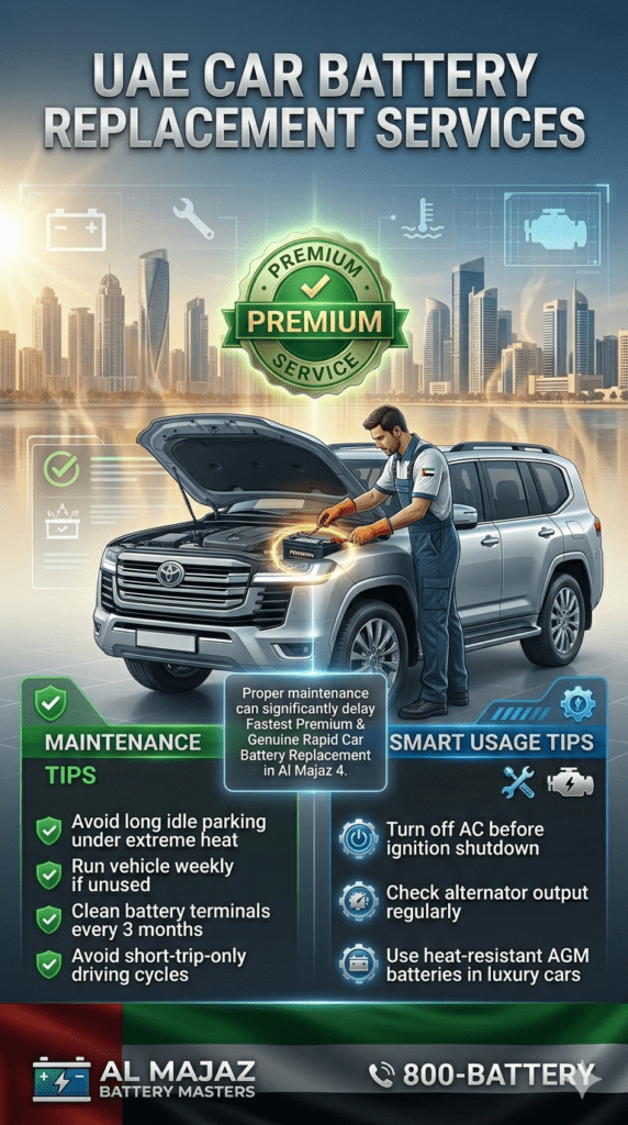 Automotive battery maintenance infographic showing tips for improving battery life in Al Majaz 4 including heat protection, terminal cleaning, alternator checks, and AGM battery usage.