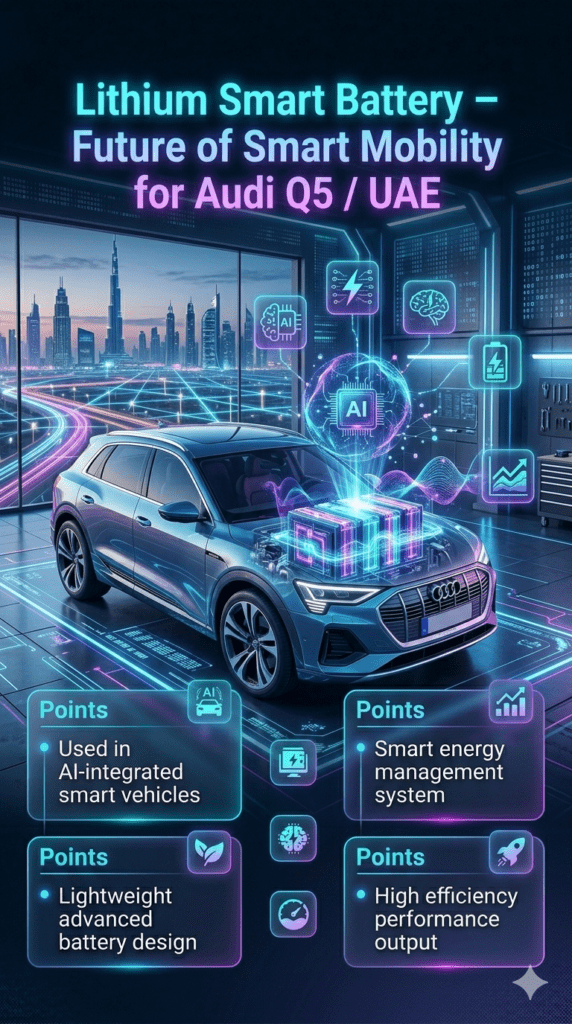 Futuristic infographic showing lithium smart battery for Audi Q5 in UAE, highlighting AI integration, lightweight design, smart energy management, and high efficiency performance.