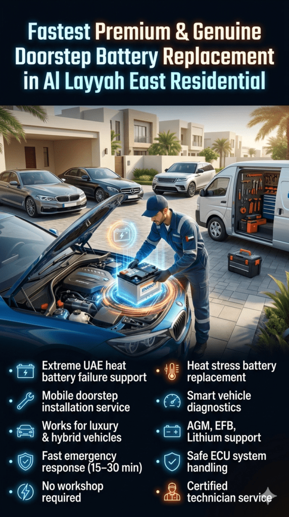 Premium infographic showing fastest doorstep car battery replacement service in Al Layyah East Residential, featuring luxury vehicles, mobile technician installation, and UAE heat-focused emergency automotive support.