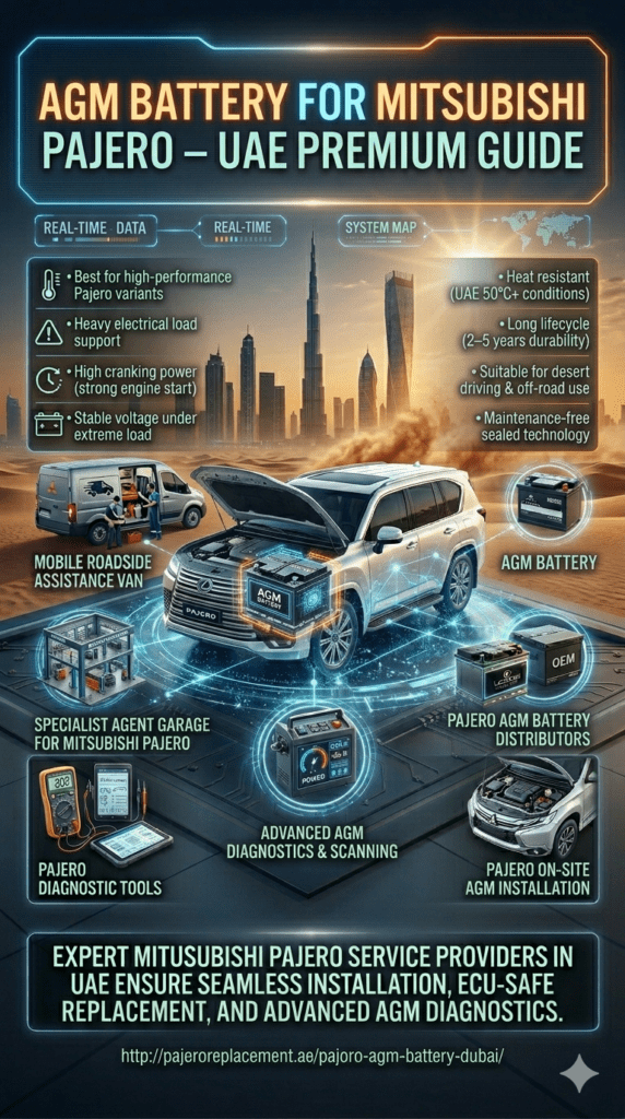 AGM battery installed in Mitsubishi Pajero engine bay with UAE desert background and Dubai skyline, showing performance features like heat resistance, high cranking power, and long lifecycle.