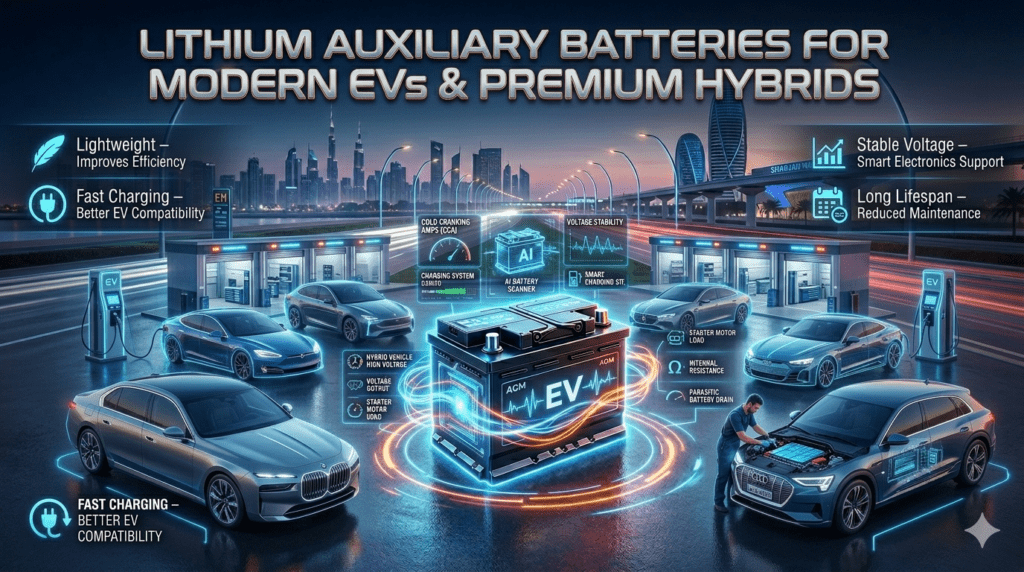 Lithium Auxiliary Batteries for Modern EVs & Premium Hybrids Futuristic lithium auxiliary battery infographic for modern EVs and premium hybrid vehicles showing lightweight design, fast charging, stable voltage, and smart electronics support.