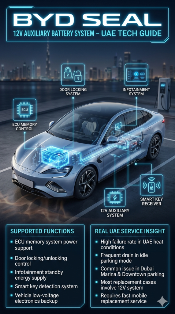 BYD Seal 12V Auxiliary Battery System – ECU & Smart Features Support Guide UAE BYD Seal electric car cutaway diagram showing 12V auxiliary battery system connected to ECU, door locks, infotainment, and smart key system with glowing digital overlays in a futuristic Dubai EV service infographic.
