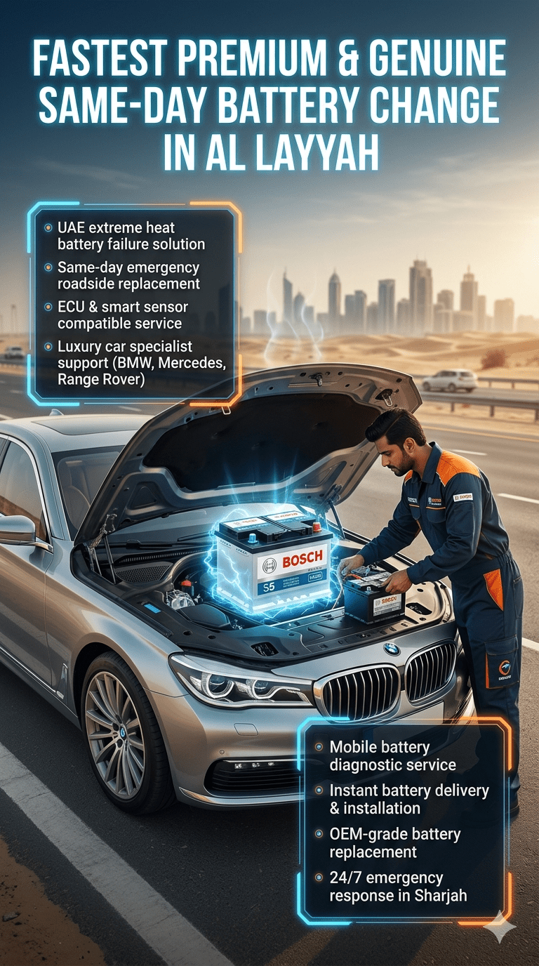 Professional roadside car battery replacement service in Al Layyah UAE showing technician installing a premium battery in a luxury car with emergency same-day mobile service infographic design.