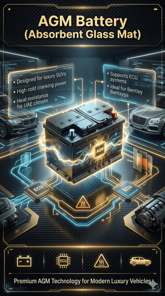 Premium infographic showing AGM battery features including ECU support, heat resistance, and luxury SUV compatibility for Bentley Bentayga.