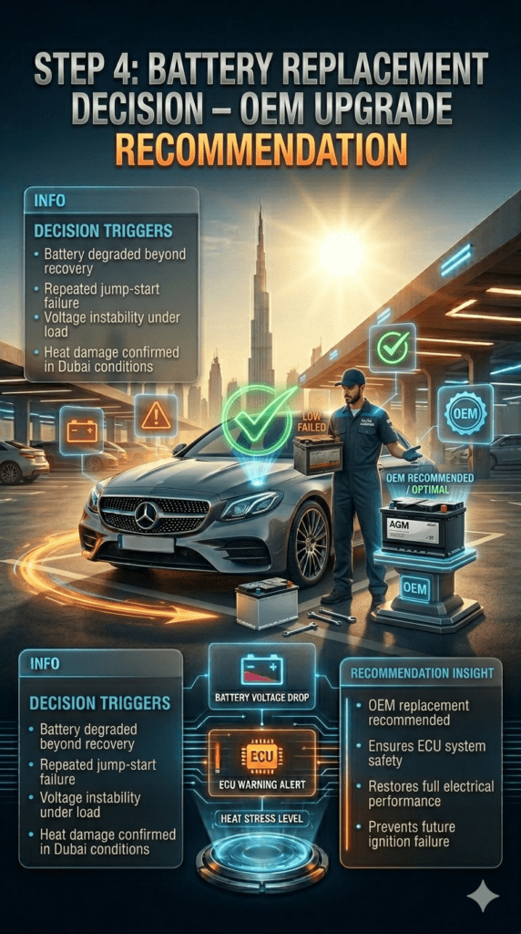 Car battery replacement decision infographic showing degraded battery beyond recovery and OEM replacement recommendation in luxury vehicle service workshop in Dubai heat conditions.