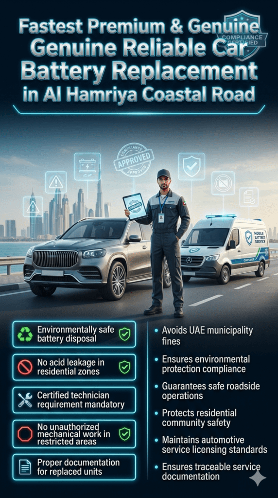 Luxury automotive compliance infographic showing UAE battery replacement safety rules in Al Hamriya Coastal Road with certified technician, premium SUV, and digital compliance checklist highlighting environmental and legal regulations.