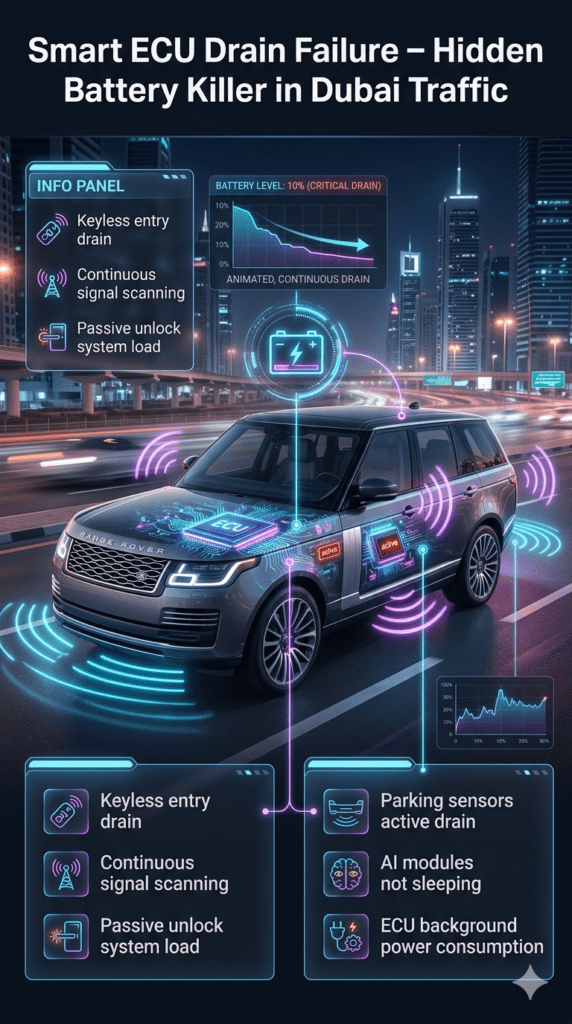 Luxury car ECU system draining battery in Dubai traffic showing smart ECU drain failure with keyless entry, parking sensors, and AI modules consuming power in a futuristic diagnostic infographic.
