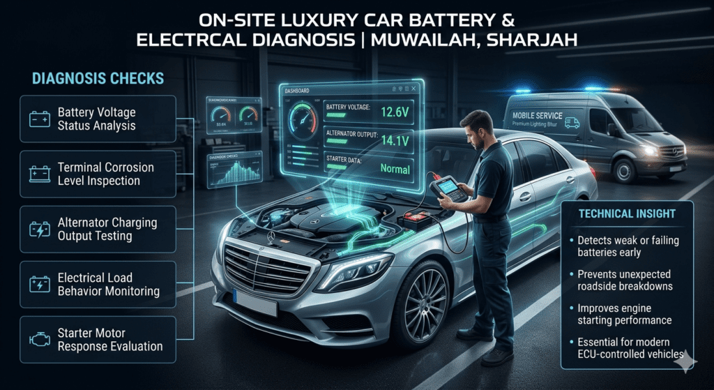 Infographic showing Step 3 on-site car battery diagnosis in Muwailah including voltage check, corrosion inspection, alternator output testing, electrical load analysis, and starter motor response evaluation.