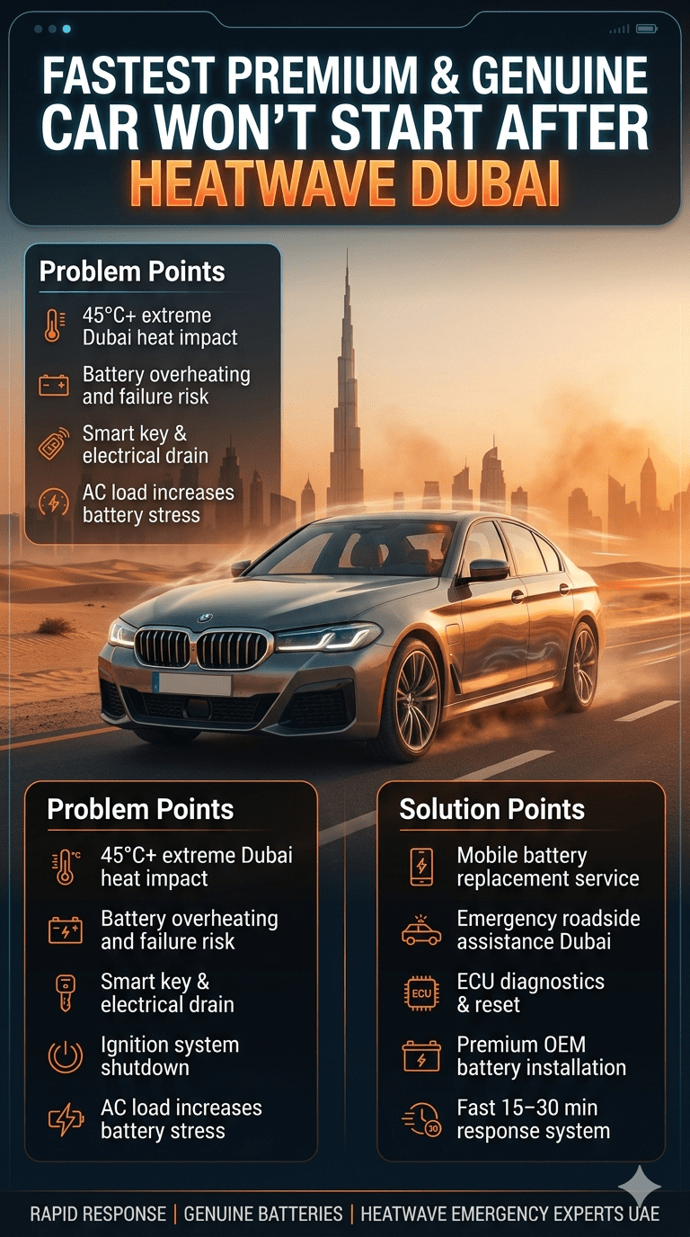 Luxury automotive infographic showing a premium car broken down in Dubai heatwave with emergency battery failure solutions and roadside assistance service guide.