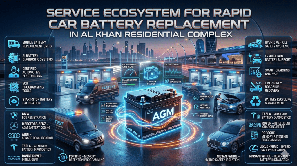 Service Ecosystem for Rapid Car Battery Replacement in Al Khan Residential Complex Futuristic UAE automotive ecosystem infographic showing premium rapid car battery replacement services with AI diagnostics, ECU programming, hybrid support, and luxury vehicle compatibility in Al Khan Residential Complex.