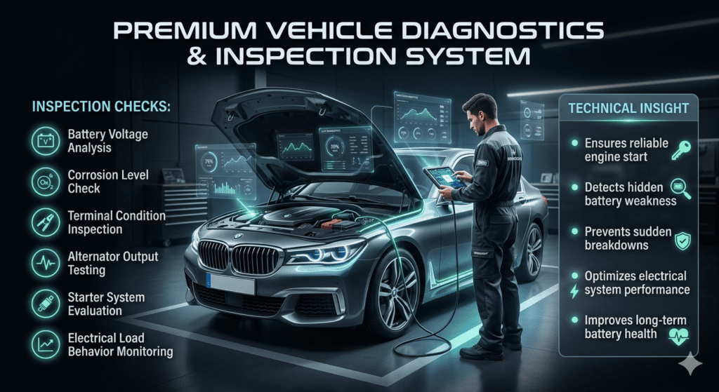 Step 1 โ Vehicle Battery & Electrical Inspection Guide Automotive inspection infographic showing technicians checking battery voltage, corrosion, terminals, alternator output, starter system, and electrical load behavior in a modern workshop.