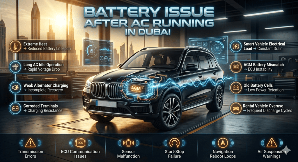 Luxury Dubai automotive infographic showing battery issue after AC running with premium SUV, AGM battery, voltage warning effects, and battery failure causes in extreme UAE heat.