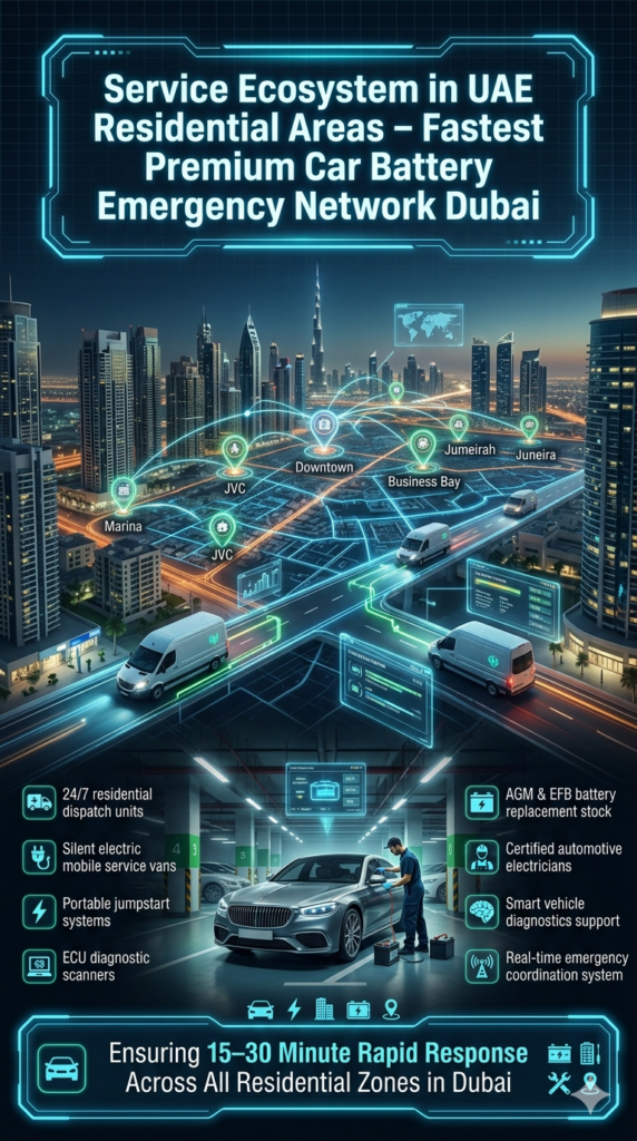 Futuristic Dubai residential car battery emergency ecosystem showing mobile service vans, diagnostic scanners, and certified technicians connected through a smart city network with rapid response system.